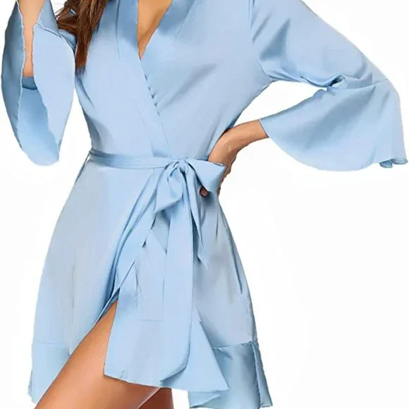 Women's Satin Blue Robe - Ruffle Hem BRAND NEW - Picture 4 of 6